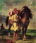 A Moroccan Saddling A Horse by Eugene Delacroix